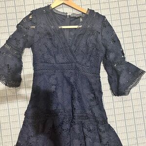Bloomingdales Aqua 3/4 Sleeve Navy Lace V Neck Dress